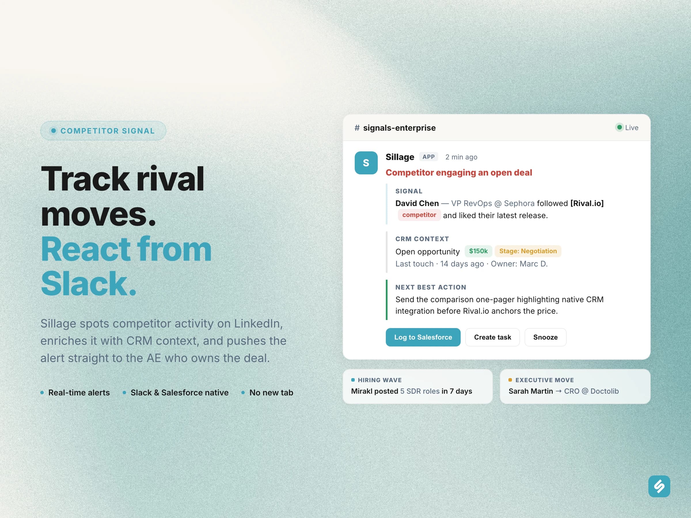 B2B LinkedIn Competitor Monitoring Tool - Inside Slack & CRM